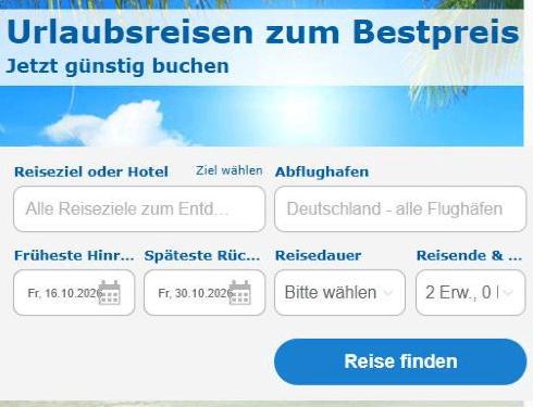 Vorschau des Check24-Suchformulars für Pauschalreisen mit Feldern für Reiseziel, Abflughafen, Reisezeitraum, Reisedauer und Reisende sowie der Schaltfläche zum Suchen